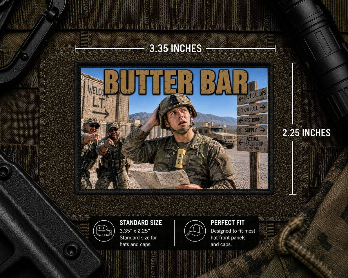 Butter Bar Patch with dimensions and backing feature information.