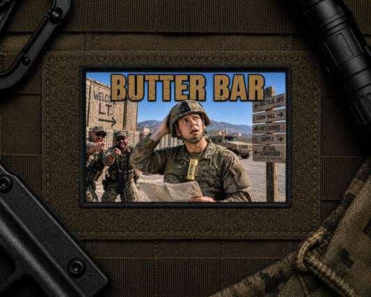 Butter Bar Patch design with a black border on tactical gear.