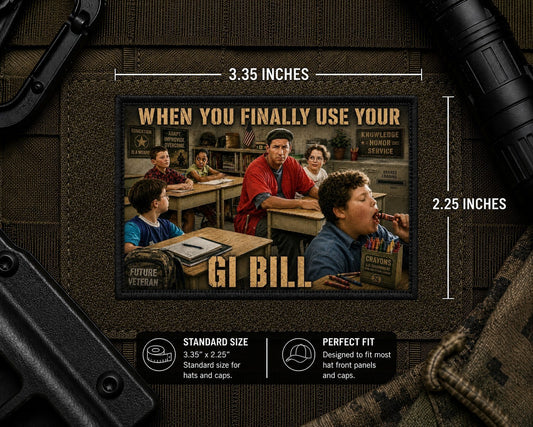 GI Bill Patch with dimensions and backing feature information.
