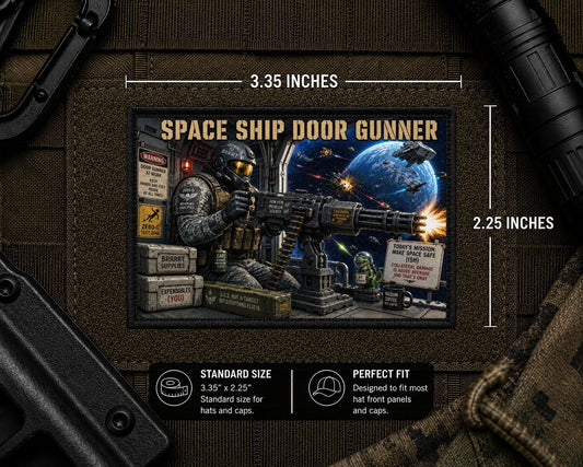 Space Ship Door Gunner Patch with dimensions and backing feature information.