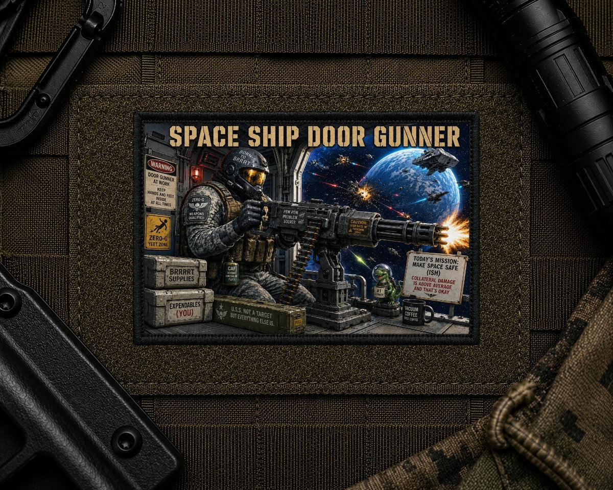 Space Ship Door Gunner Patch design with a black border on tactical gear.