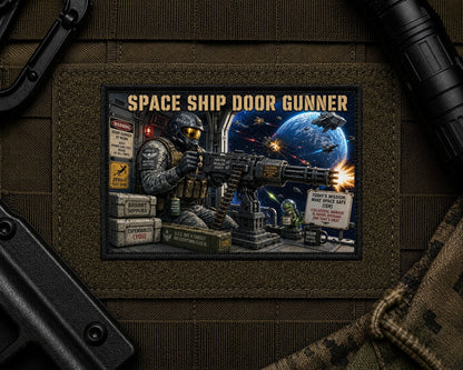 Space Ship Door Gunner Patch design with a black border on tactical gear.