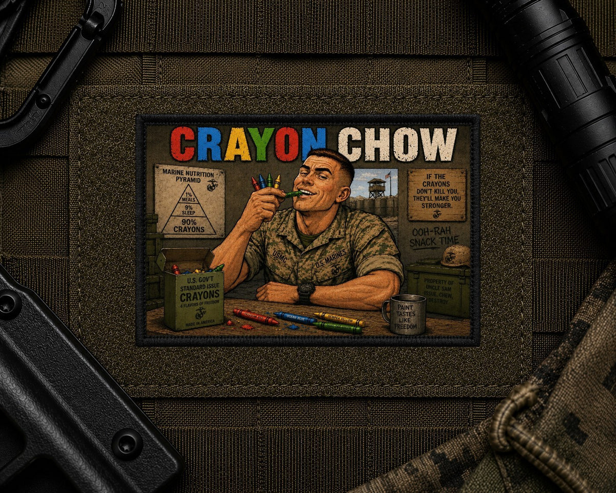 Crayon Chow Patch design with a black border on tactical gear.