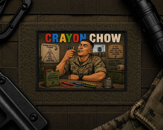 Crayon Chow Patch design with a black border on tactical gear.
