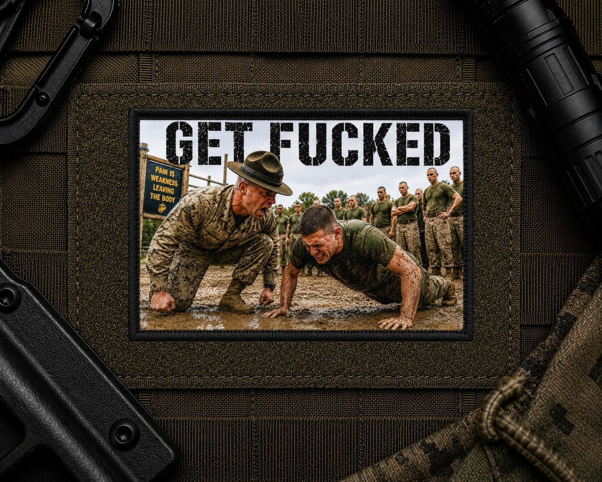 Get Fucked Patch design with a black border on tactical gear.