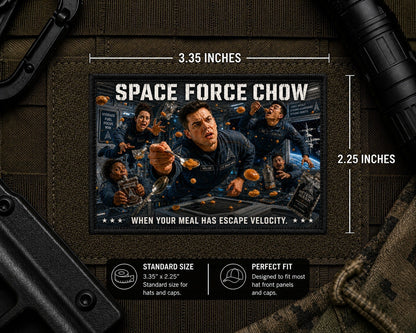 Space Force Chow Patch with dimensions and backing feature information.