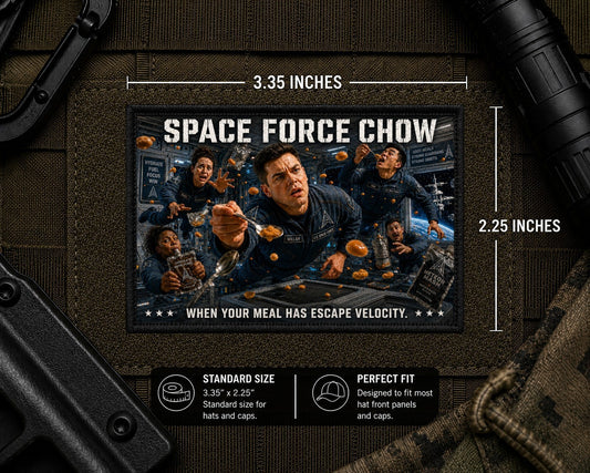 Space Force Chow Patch with dimensions and backing feature information.