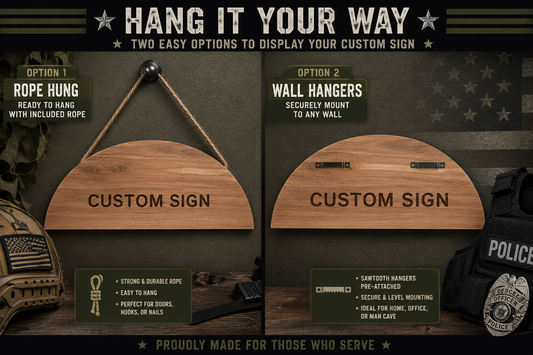 Wooden sign hanging options: rope hang and wall hang.