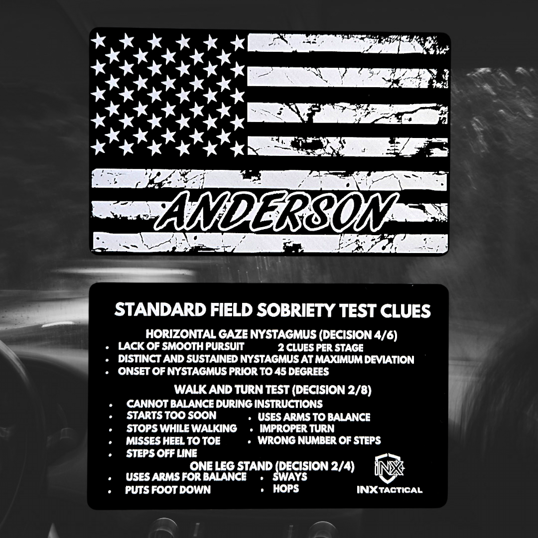 Standard Field Sobriety Test Clues Card showing laser-engraved metal card text and artwork.