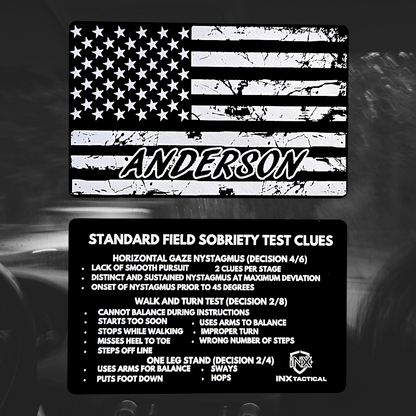 Standard Field Sobriety Test Clues Card showing laser-engraved metal card text and artwork.