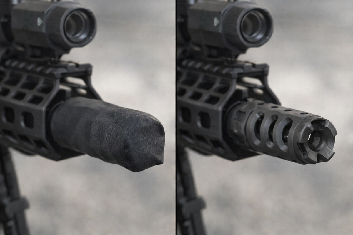 Black latex barrel cover installed over a rifle muzzle.
