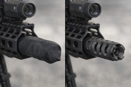 Black latex barrel cover installed over a rifle muzzle.