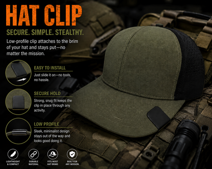 INX Tactical hat clip on a cap, with mounting and material information.