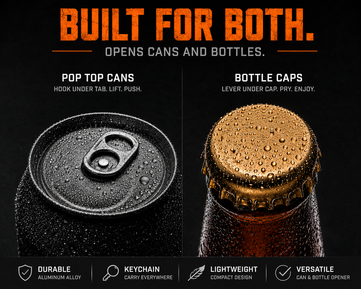 Bottle and can opener shown lifting a can tab and removing a bottle cap.