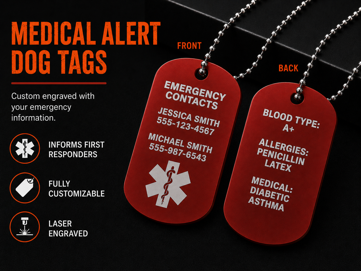 Medical Alert Dog Tag product graphic showing the item and its features.