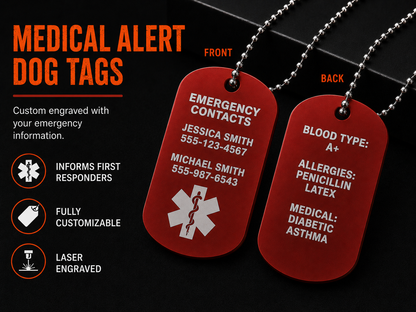 Medical Alert Dog Tag product graphic showing the item and its features.