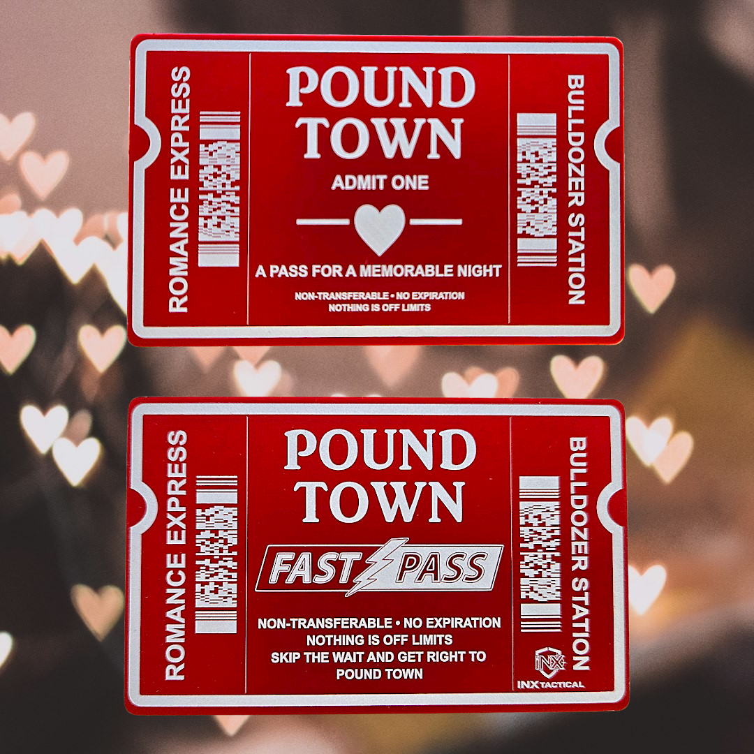 Pound Town Ticket Card showing laser-engraved metal card text and artwork.