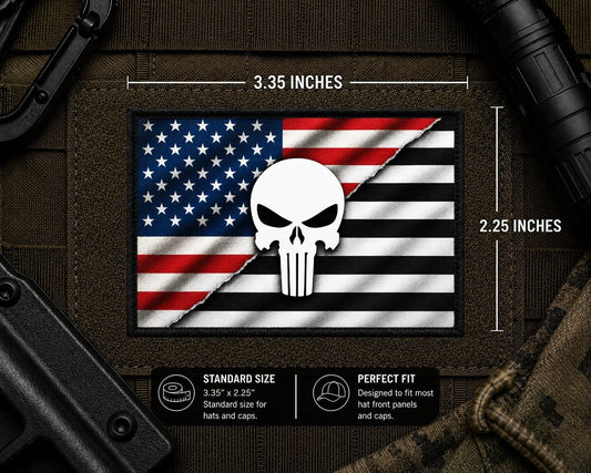 Punisher Patch with dimensions and backing feature information.