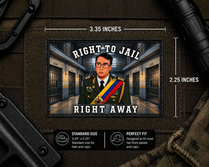 Right To Jail Patch with dimensions and backing feature information.