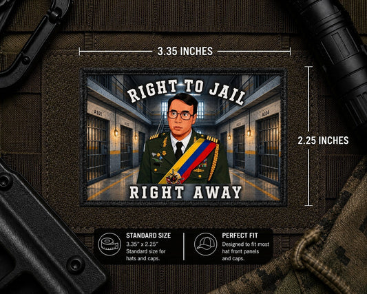 Right To Jail Patch with dimensions and backing feature information.