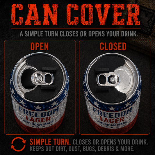 Reusable can cover shown in open and closed positions on a beverage can.