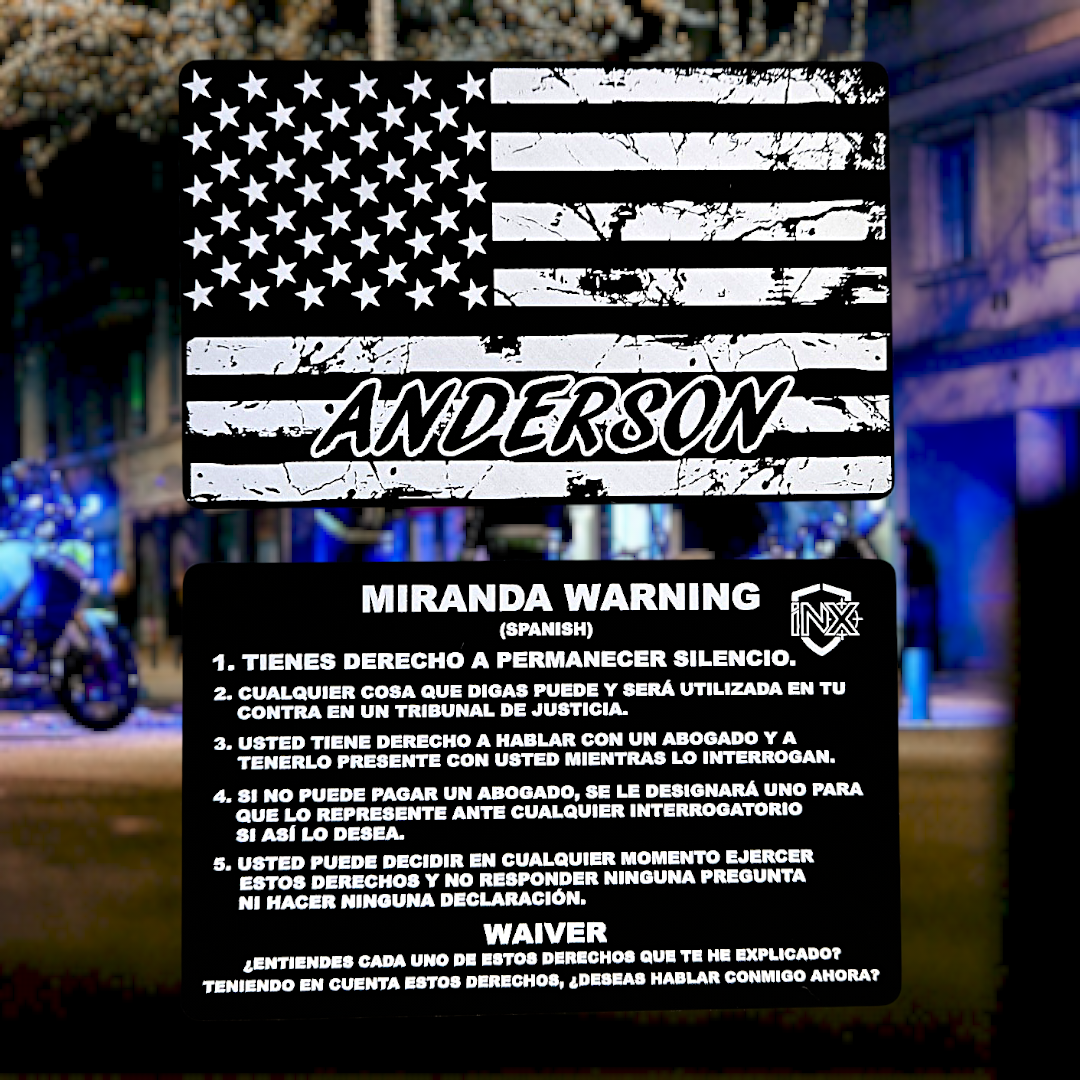 Spanish Miranda Rights/Warning Card showing laser-engraved metal card text and artwork.