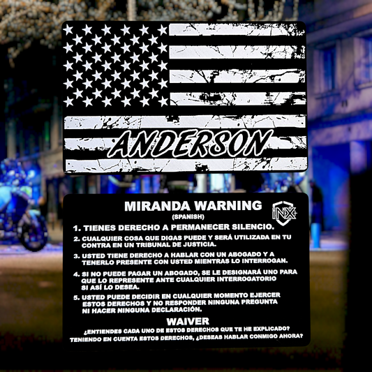 Spanish Miranda Rights/Warning Card showing laser-engraved metal card text and artwork.