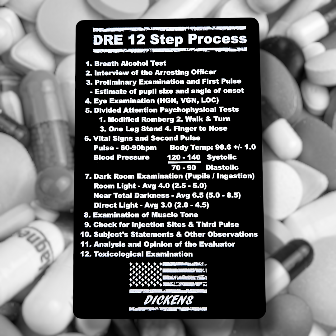 Drug Recognition Expert (DRE) Matrix Card showing laser-engraved metal card text and artwork.