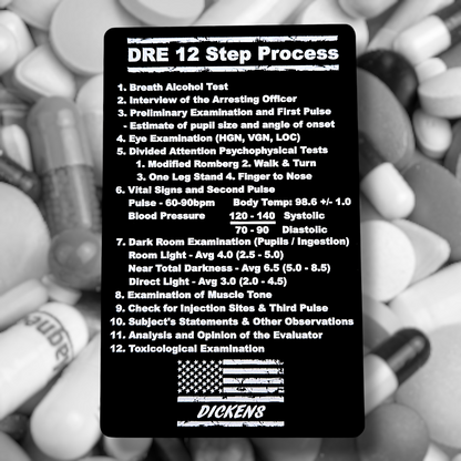 Drug Recognition Expert (DRE) Matrix Card showing laser-engraved metal card text and artwork.