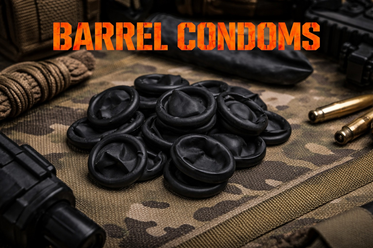 Barrel Condoms - 20 Pack product graphic showing the item and its features.