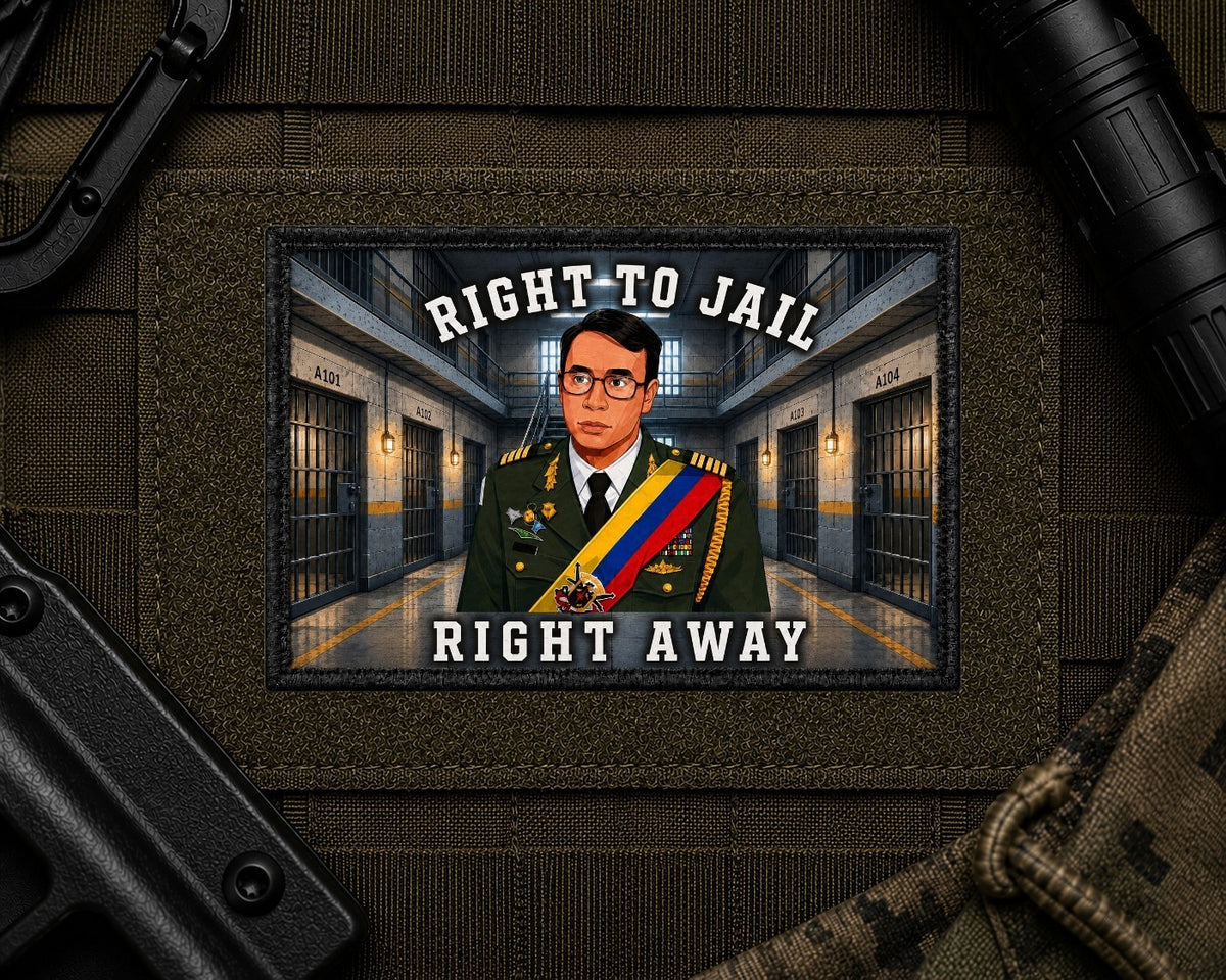 Right To Jail Patch design with a black border on tactical gear.