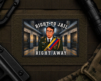Right To Jail Patch design with a black border on tactical gear.