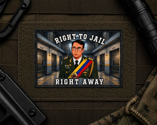 Right To Jail Patch design with a black border on tactical gear.