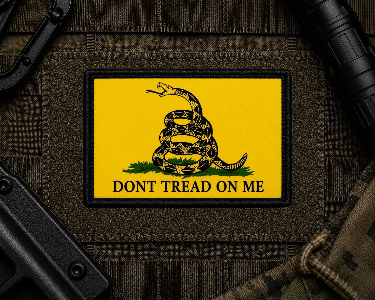 Dont Tread On Me Patch design with a black border on tactical gear.