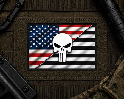 Punisher Patch design with a black border on tactical gear.