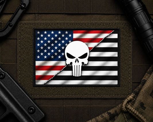 Punisher Patch design with a black border on tactical gear.