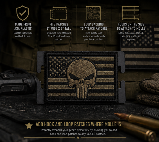 MOLLE patch adaptor mounted on webbing with a skull patch and feature information.