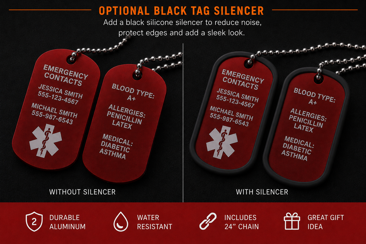 Red medical alert dog tags with protective black tag silencers.