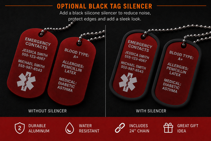 Red medical alert dog tags with protective black tag silencers.