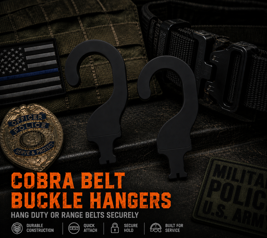 Cobra-style belt buckle hangers shown with a loaded duty belt.