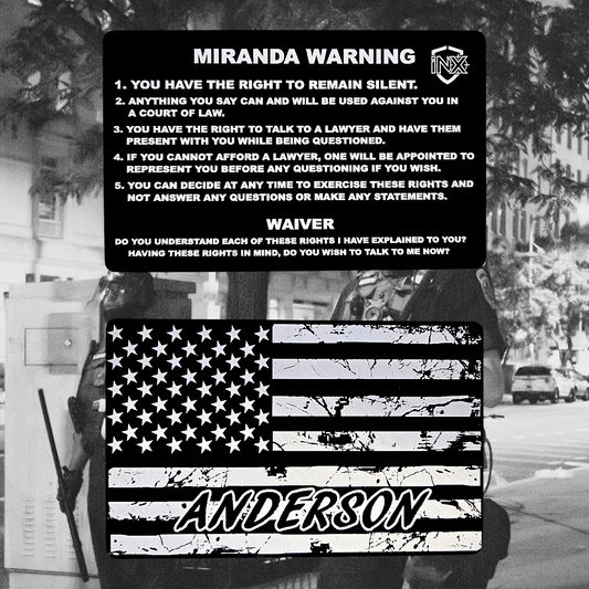 Miranda Rights/Warning Card showing laser-engraved metal card text and artwork.