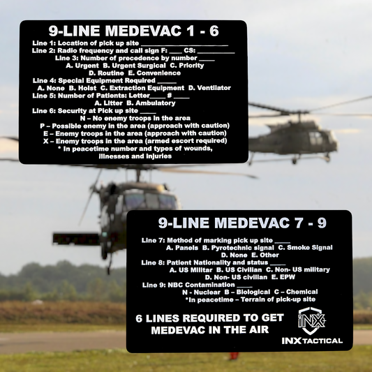 9-Line MEDEVAC Card showing laser-engraved metal card text and artwork.